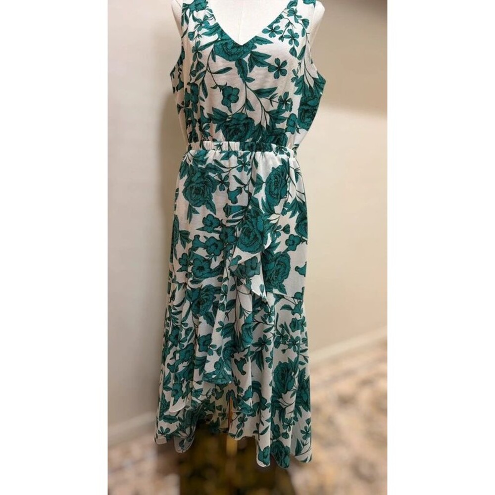 Danny & Nicole White Emerald Green Floral Ruffle High Low Maxi Dress Size 14